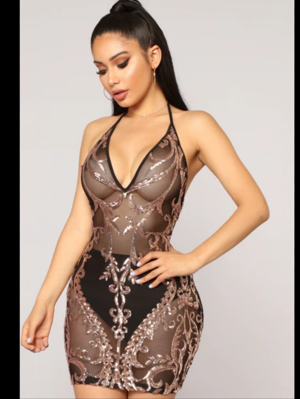 Sheer Embellished Bodycon Mini Dress - Brown & Black